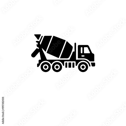 Industrial concrete mixer icon in a flat linear side-view style, tilted in a pouring position