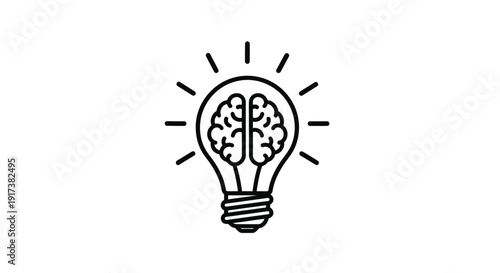 Black and white outline icon featuring a glowing light bulb filled internally with a stylized human brain illustration representing new ideas.