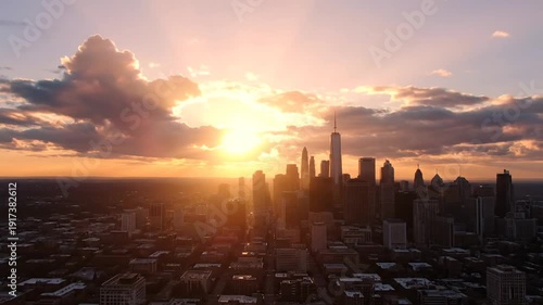 A stunning timelapse capturing the golden transition of the urban skyline as sunrise and sunset glow over downtown skyscrapers and the city architectural landscape during morning and evening dusk