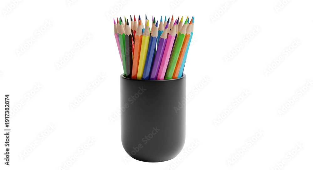 Fototapeta premium Colorful Pencils In Black Cup Isolated Black Background