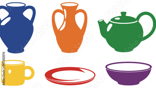 Vase colorful vector icons including teapot, mug, plate, and bowl illustrations