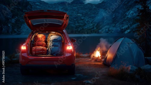 A car with trunk open, fully loaded with backpacks and suitcases parked at a campfire in forest