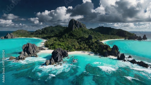 Stunning tropical island paradise with turquoise waters and lush greenery.