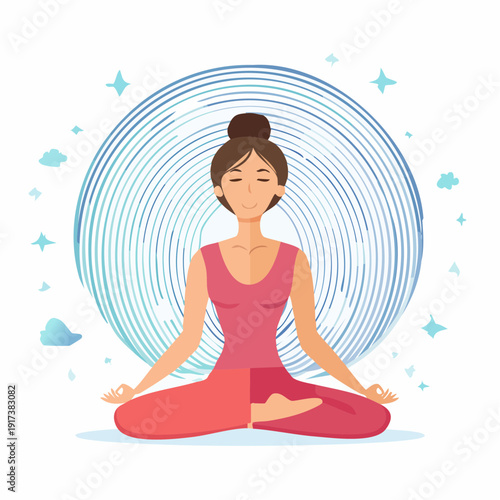 Peaceful woman meditating in traditional yoga pose, radiating calm energy and spiritual harmony