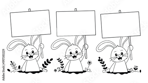 Three cheerful cartoon bunnies holding blank signs for your message
