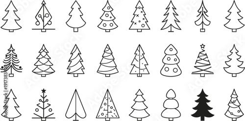 Minimalist Christmas tree icon set with hand drawn outline style for holiday winter decoration and design elements
