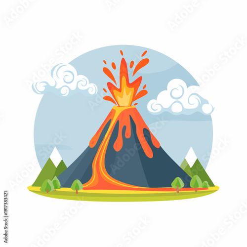 Colorful cartoon illustration of a powerful volcano erupting with lava and smoke