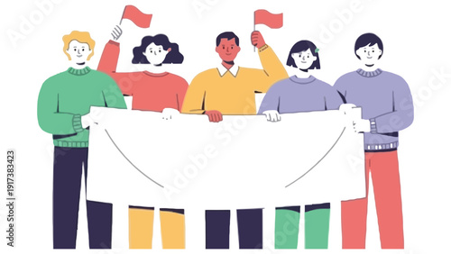 Diverse group of people holding a blank banner and flags, expressing unity and protest.