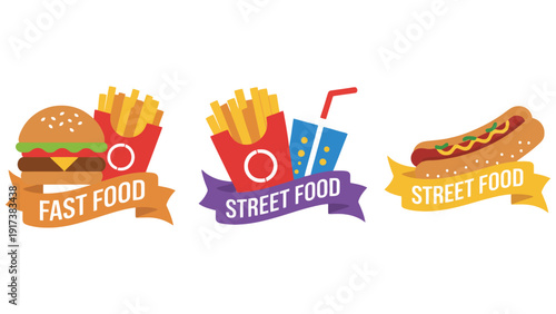 Vibrant illustrations celebrate classic fast food icons like burgers, fries, and hot dogs.