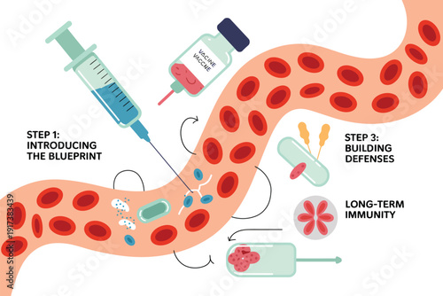Vaccine illustration showing immune system response and long-term immunity steps