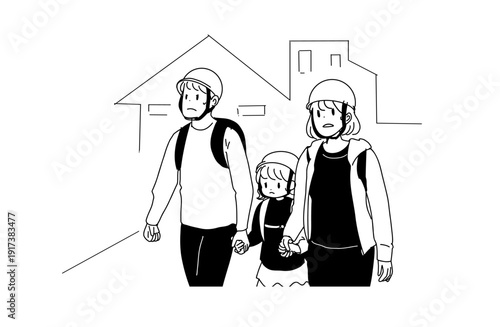 ヘルメットを被って避難する家族のイラスト　災害と防災　手書きベクター素材