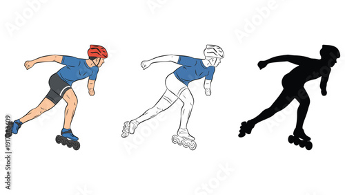 Inline skater vector illustration set with colorful, outlined, and silhouette versions