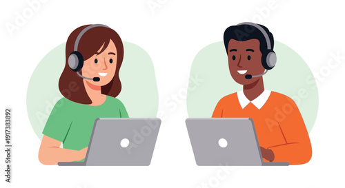 Two diverse customer service representatives wearing headsets working diligently on their computers