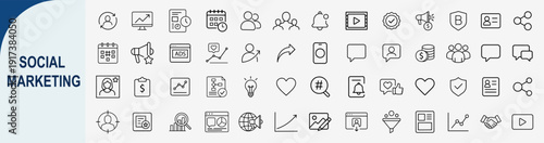 social marketing and media communication icons, minimal outline vector set