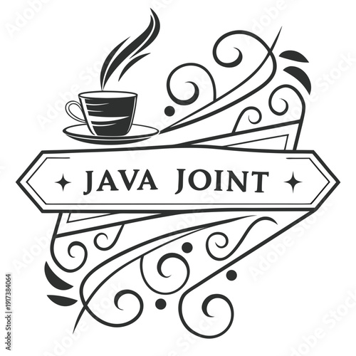 Art nouveau style vector graphic for 'Java Joint' cafe, featuring a steaming coffee cup, elegant swirls, and decorative elements framing the text.