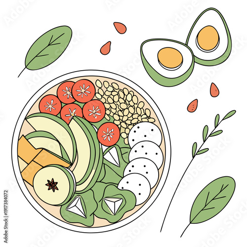 Hand-drawn illustration of a vibrant and healthy Buddha bowl filled with avocado, cherry tomatoes, chickpeas, and quinoa, with two halves of hard-boiled egg.