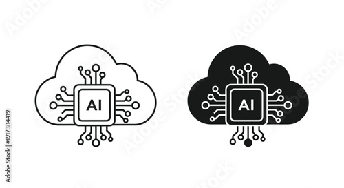 Dual representation of cloud artificial intelligence icons featuring a microprocessor connection inside stylized cloud shapes illustrating digital processing technology.
