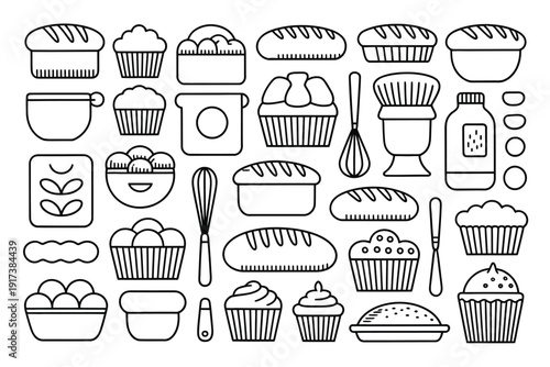 Collection of delicious baked goods and baking tools in a charming line art style.