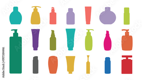 A vibrant collection of diverse cosmetic bottles and tubes arranged in a grid pattern.