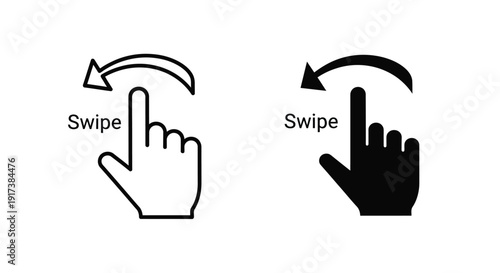 Set of outline and solid black icons illustrating a left swipe gesture with an index finger and directional arrow graphic