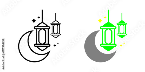 Line icon set. of crescent moon with hanging lanterns and stars, representing Ramadan celebration, Islamic holiday decoration, and spiritual night