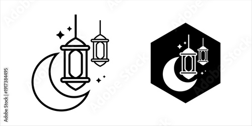 Line icon set. of crescent moon with hanging lanterns and stars, representing Ramadan celebration, Islamic holiday decoration, and spiritual night
