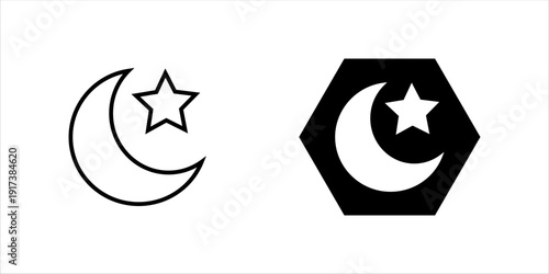 Simple line icon set. of crescent moon and star representing Islamic symbol, night sky, spirituality, and Ramadan celebration.