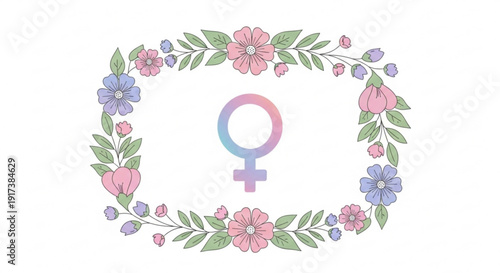 Vibrant floral wreath with venus symbol for women's rights and empowerment on white background