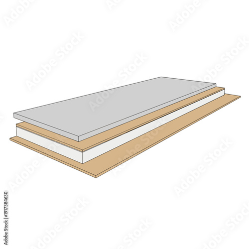 Isolated illustration of layered drywall panel with white background, showcasing construction details and composition in a clean, minimalist style