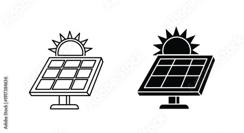 Collection of simple black and white icons representing solar panel technology harvesting energy from the bright sun above