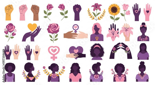 Diverse women's empowerment symbols and icons in pink purple and yellow hues on white background