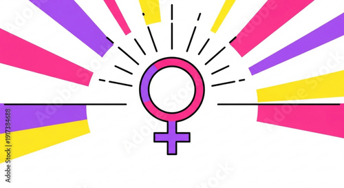Vibrant female symbol with colorful rays on white background representing empowerment and equality