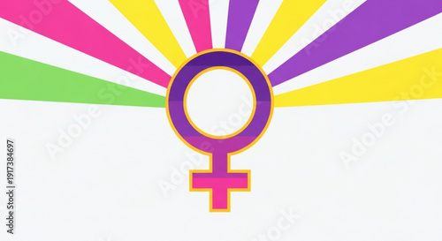 Vibrant female symbol with multicolored sunburst background representing empowerment and diversity