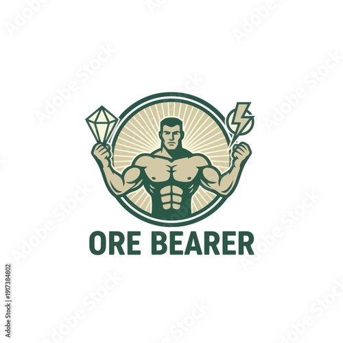 A muscular figure stands confidently, holding a diamond and a lightning bolt, surrounded by light rays