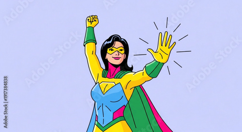 Confident female superhero in colorful costume with cape raised in triumph and power