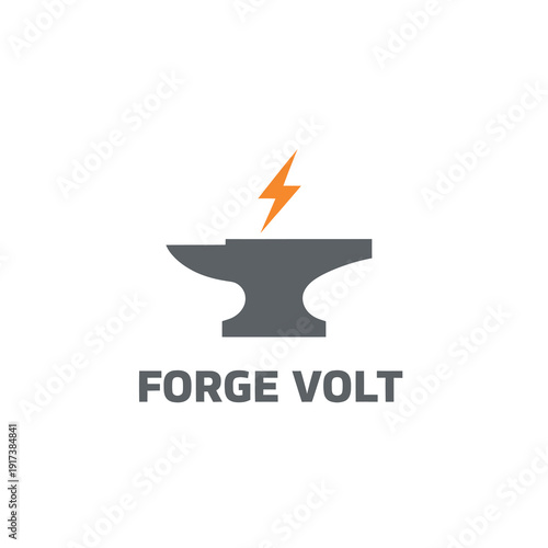 Gray anvil with orange lightning bolt, text below; symbolizing energy and craftsmanship