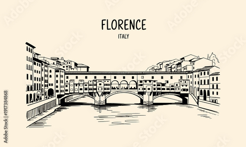 Florence Italy Ponte Vecchio Bridge Over Arno River with Buildings vector illustration
