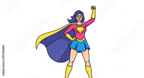 Confident female superhero standing strong with raised fist and flowing cape wearing colorful costume