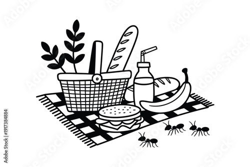 Whimsical picnic scene with a basket, food, and curious ants on a checkered blanket.