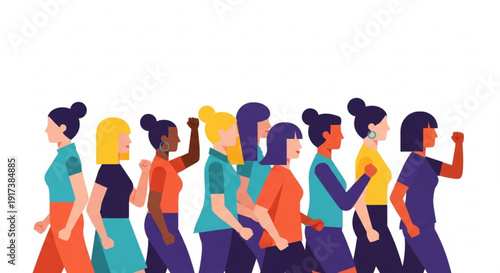 Diverse group of women walking together in unity and solidarity raising fists in empowerment and support