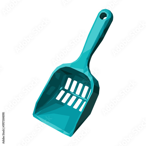 Turquoise poop scoop with gridded slots isolated on a white background, featuring a sturdy handle and sleek design, perfect for easy cleaning
