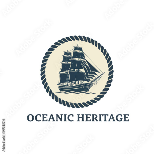 Vintage sailing ship with full sails encircled by a braided rope, below a maritime-inspired text