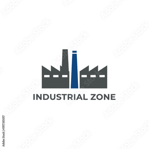 Simplified graphic of an industrial zone with factories and a tall smokestack, emphasizing industry