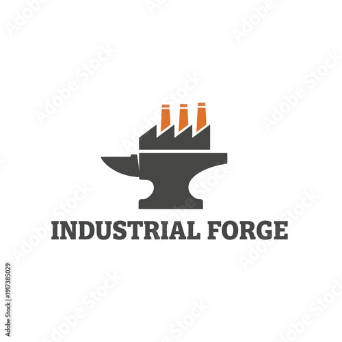 Logo combines anvil and industrial factory with three smokestacks in orange and black design