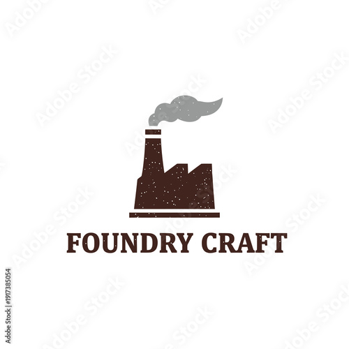 Brown factory silhouette with smokestack and smoke, speckled texture, bold text below on white