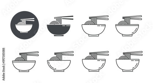 Collection of minimalist black and white icon designs representing a bowl of noodles with chopsticks.