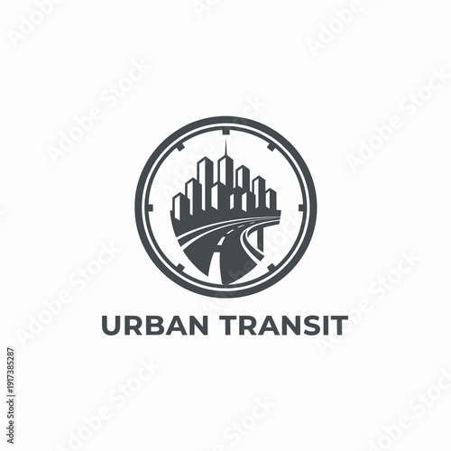 Modern urban transit logo with city skyline, road, and clock elements symbolizing transportation