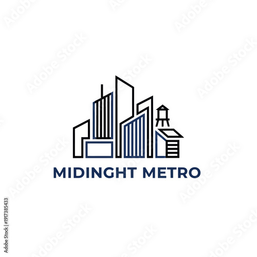A minimalist city skyline illustration with various building shapes and a water tower, accentuated in blue