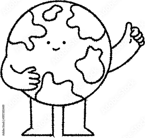 Outline Handdrawn Cartoon Earth Character Thumbs Up Like Gesture Illustration