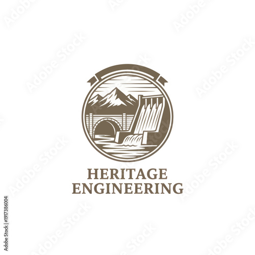 Vintage-inspired circular emblem featuring mountains, waterfall, bridge, and river with text below